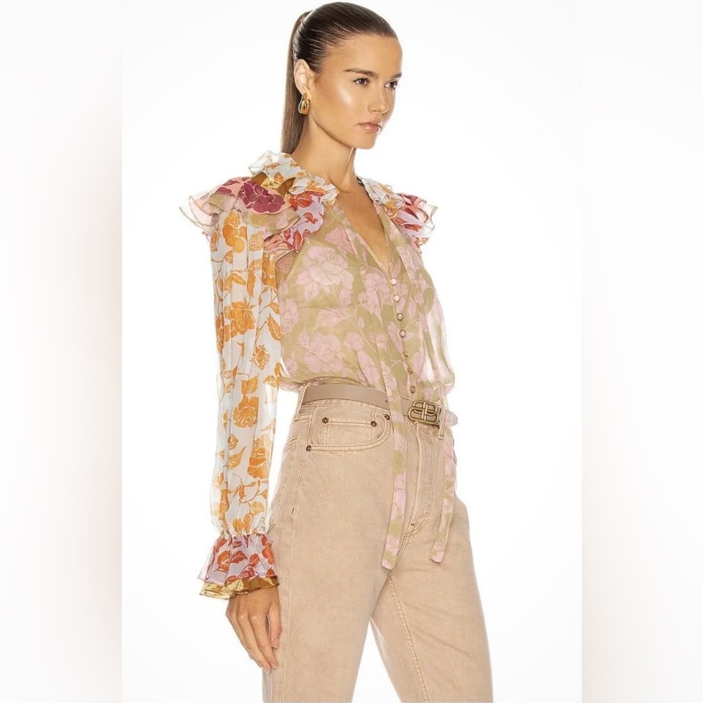 Zimmermann The Lovestruck Ruffle Silk  Shirt  Floral Roses Sheer blouse size 1 - Picture 11 of 12